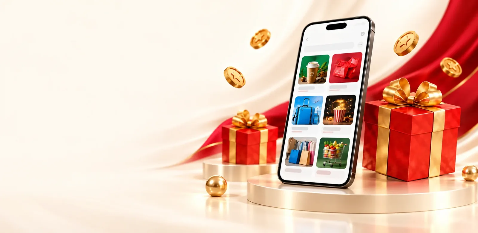 Ürün kategorileri ve hediyeler gösteren telefon ekranı illüstrasyonu