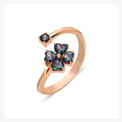 Adjustable 925 Sterling Silver Clover Ring with Mystic Topaz for Women