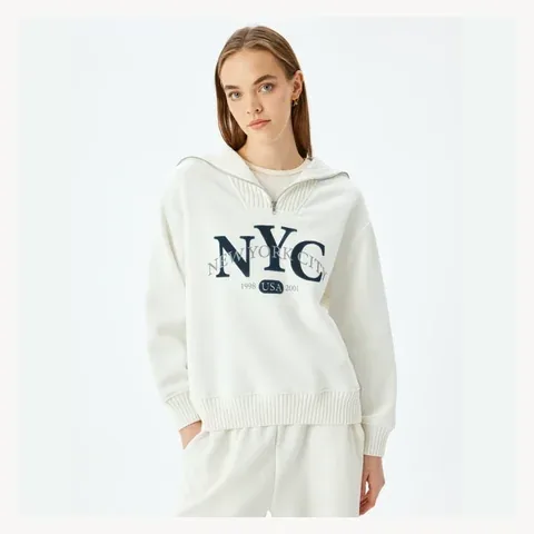 Koton Printed Oversized Half-Zip College Sweatshirt