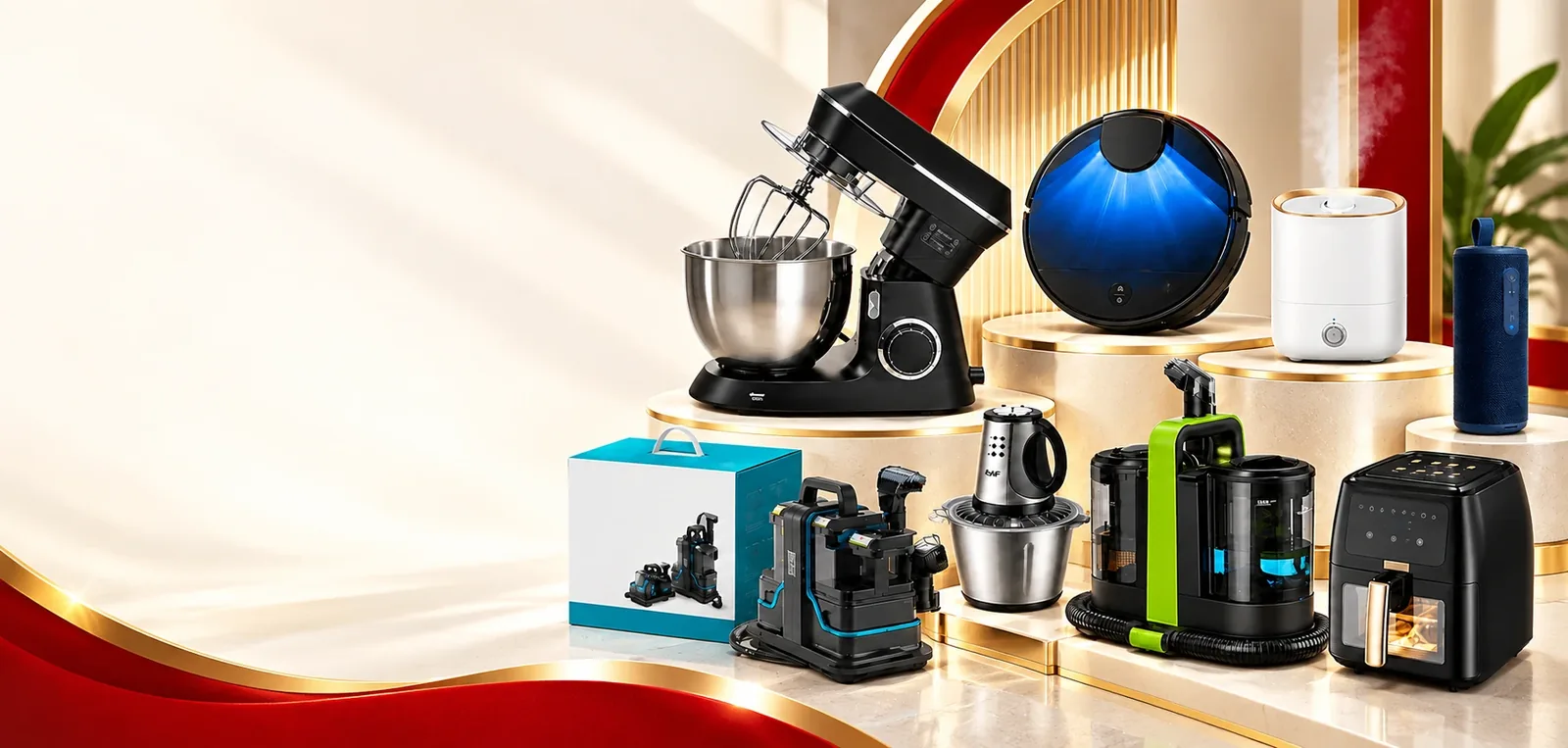 Selected NexBirlik products including a stand mixer, robot vacuum, humidifier, speaker, cleaner and air fryer