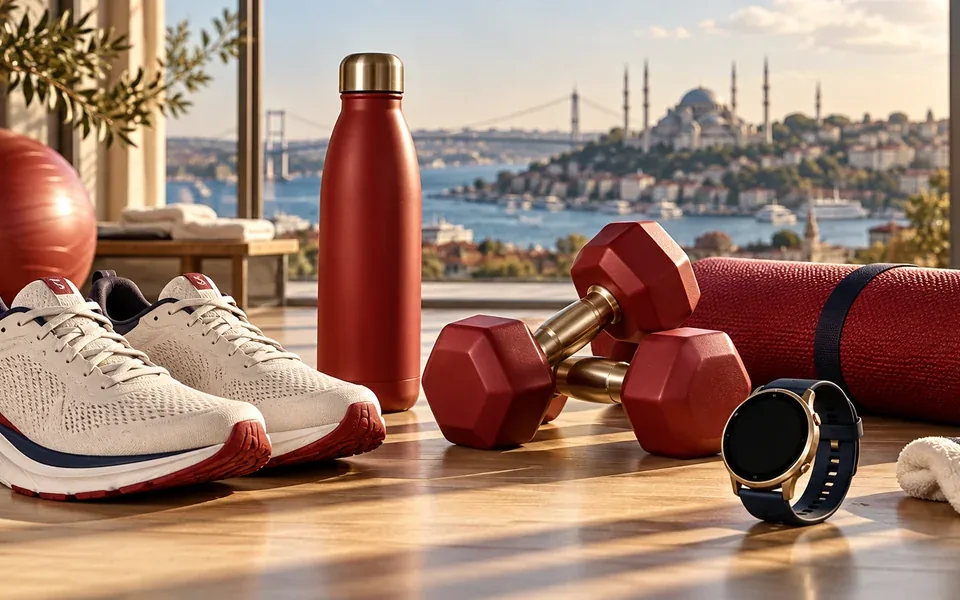 Running shoes, dumbbells and fitness gear