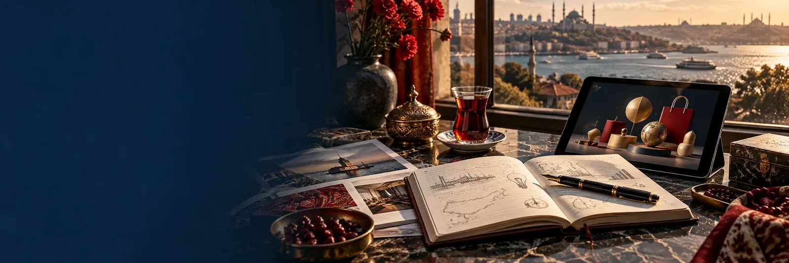 İstanbul manzaralı yazı ve araştırma masası; temsili görsel